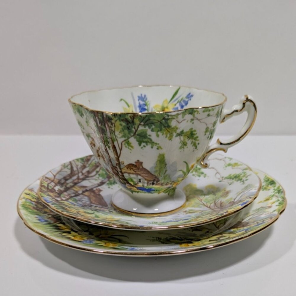 Hammersley Lorna Doone Cup Saucer Trio Set Floral Cottage Scene England Vintage